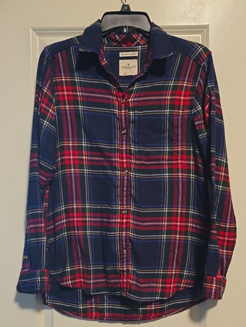 American Eagle Outfitters Red & Navy Plaid Button-Down Shirt